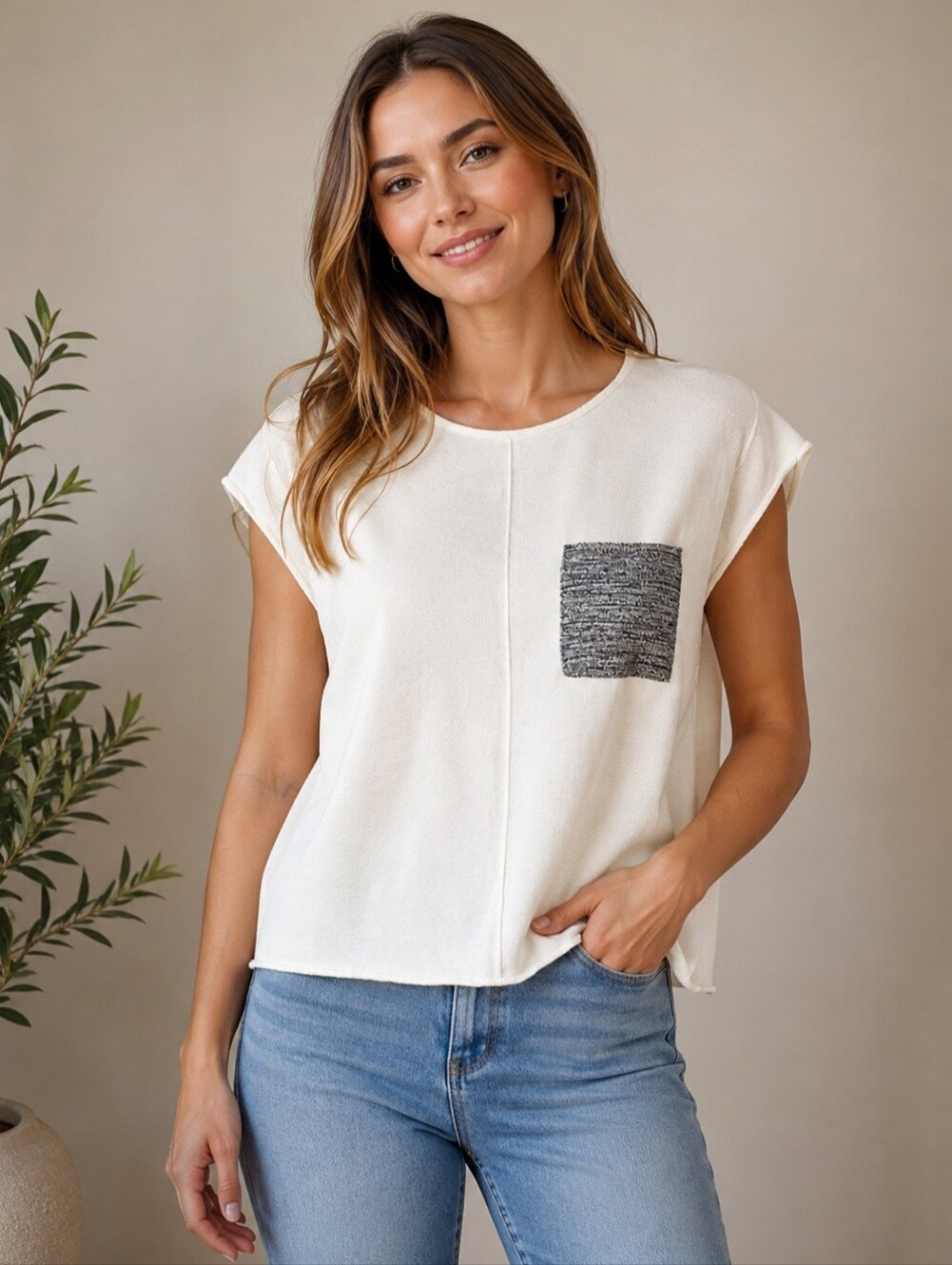 Zara Cream Short-Sleeve Top with Gray Pocket